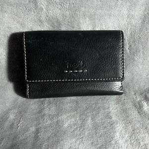 Fossil Black Pebbled Leather Pop Stitch Trifold Wallet Compact Coin Purse